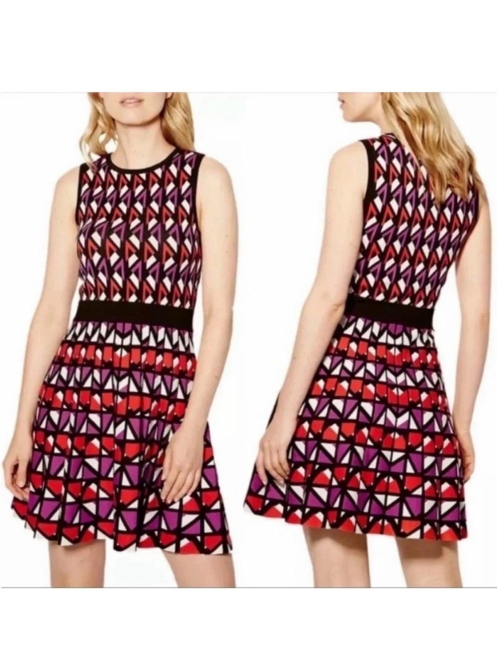 Karen Millen Geometric Knit Fit Flare Dress XS Red Purple Mod